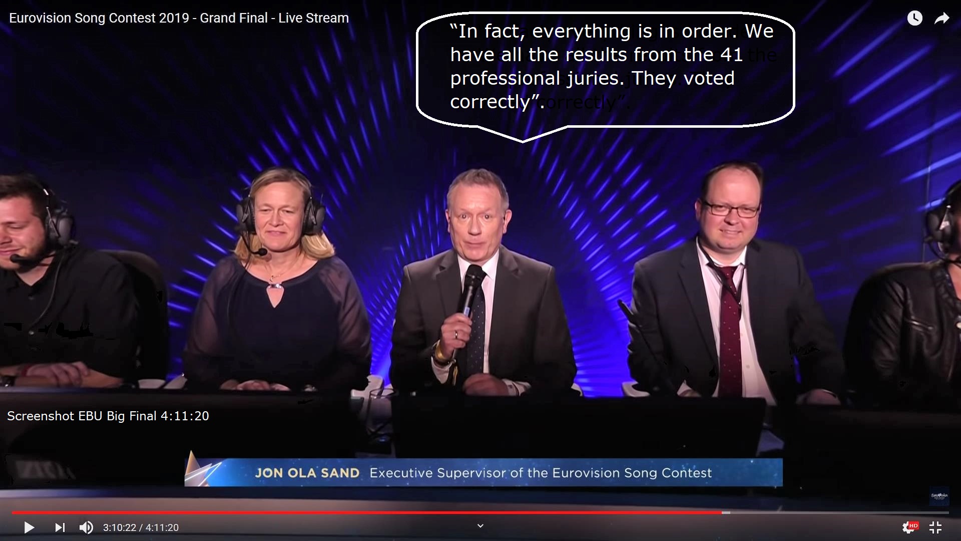 Screenshot Jon Ola Sand bei der Freigabe der Jurywertungen | Foto: Screenshot EBU Streaming Youtube, https://youtu.be/Dsx4pVjUth0?t=11402